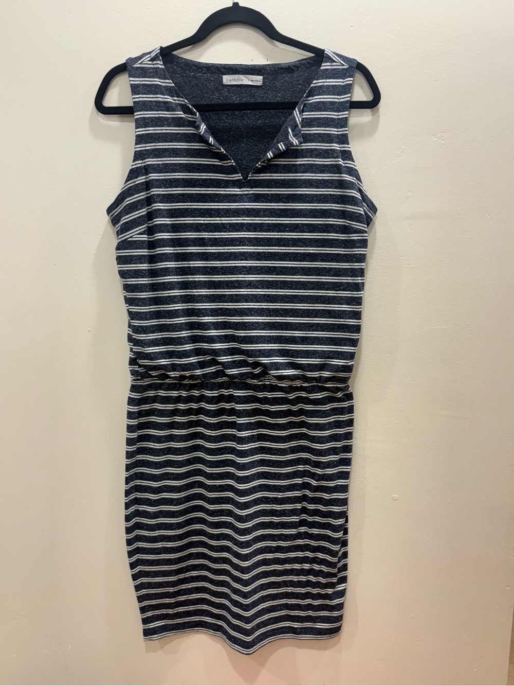 Athleta Vida Dress Small Navy White Striped Linen Blend